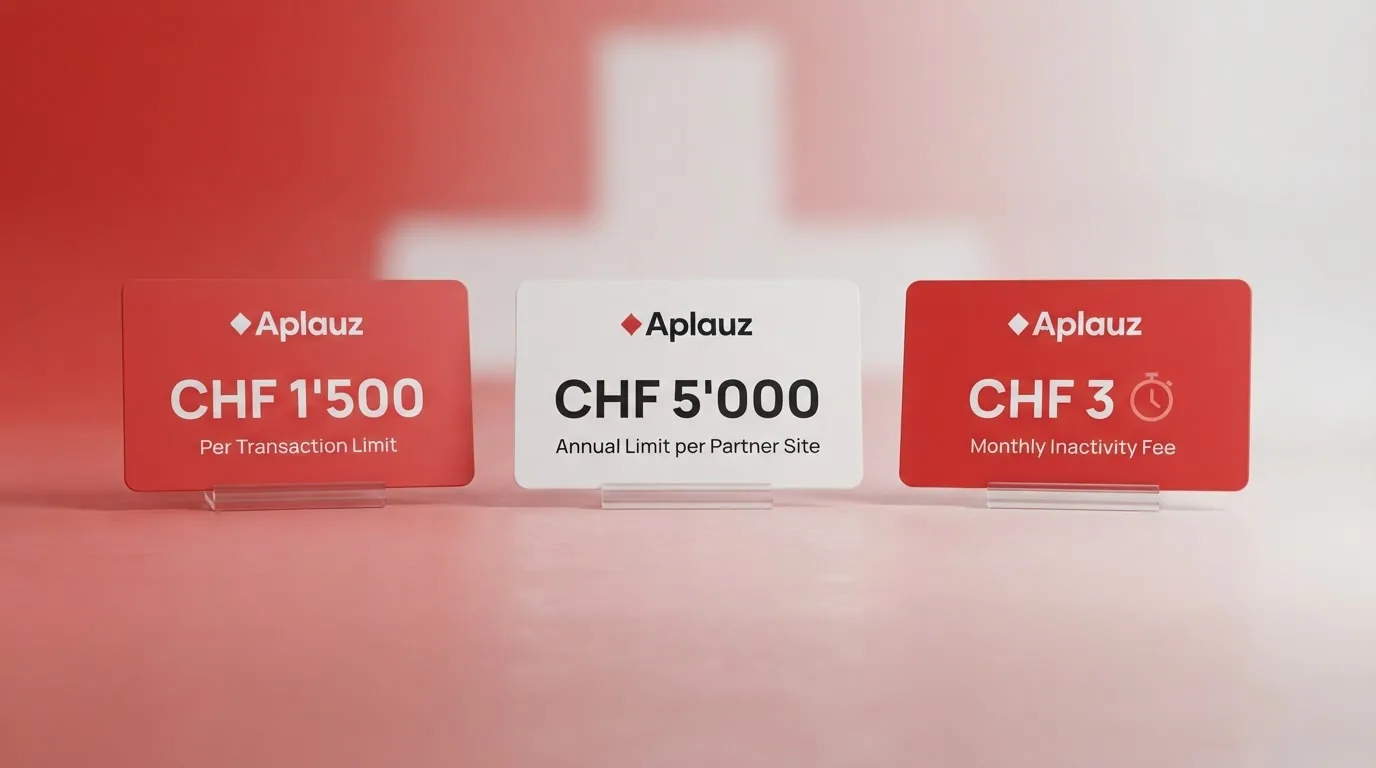 Grafische Darstellung der drei Limits: CHF 1'500 pro Transaktion, CHF 5'000 pro Jahr, CHF 3 Inaktivitätsgebühr