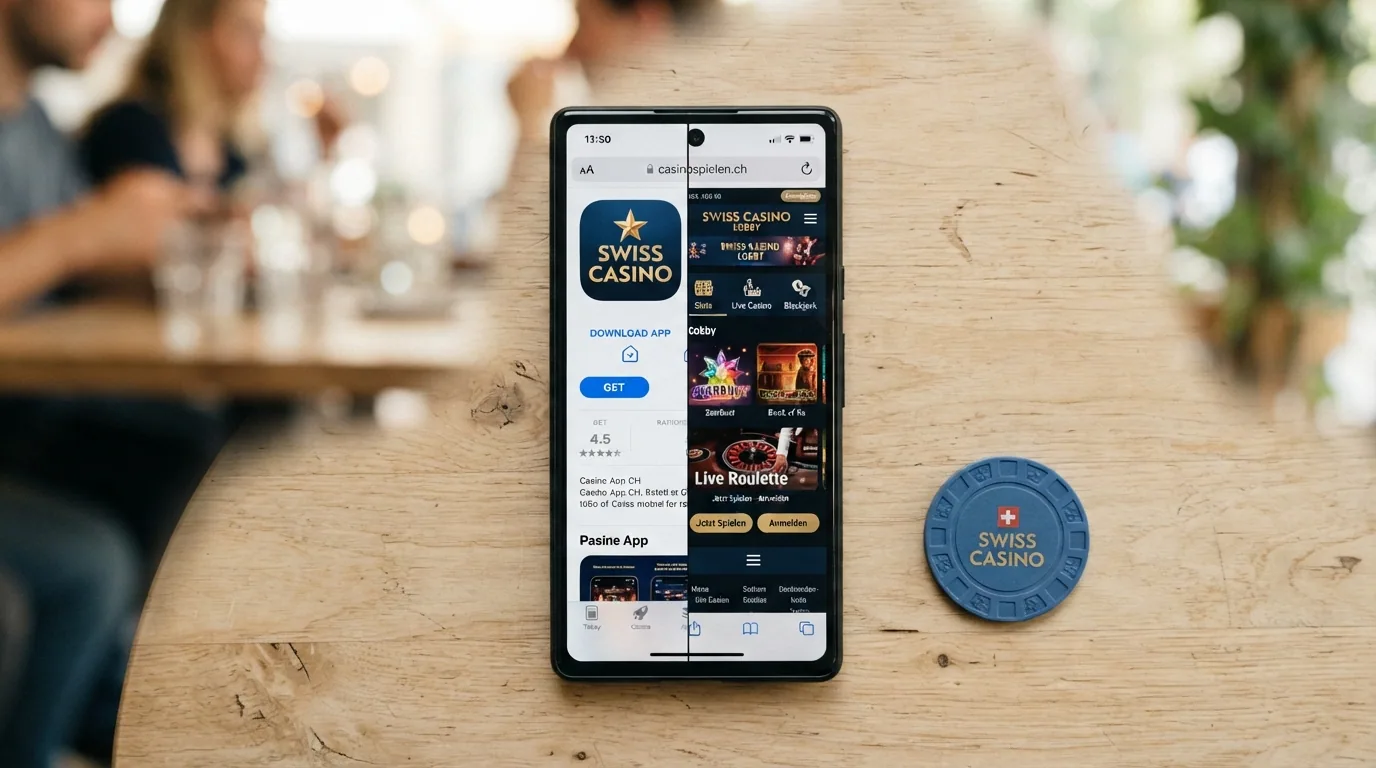 Geteilter Smartphone-Bildschirm: links Casino-App-Icon mit Download-Pfeil, rechts Browser-Fenster mit Casino-Seite