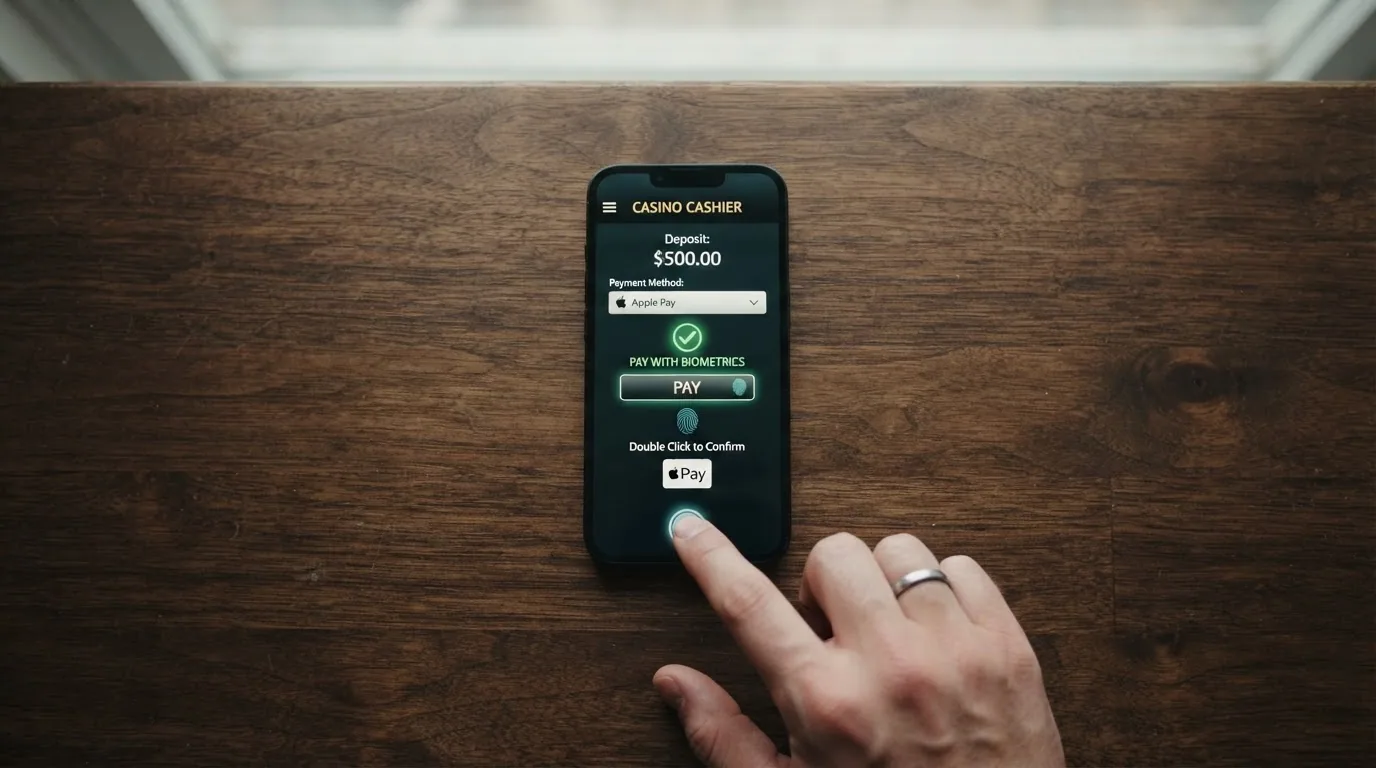 Smartphone mit geöffneter Casino-Kasse, Apple Pay als ausgewählte Zahlungsmethode und Touch-ID-Aufforderung