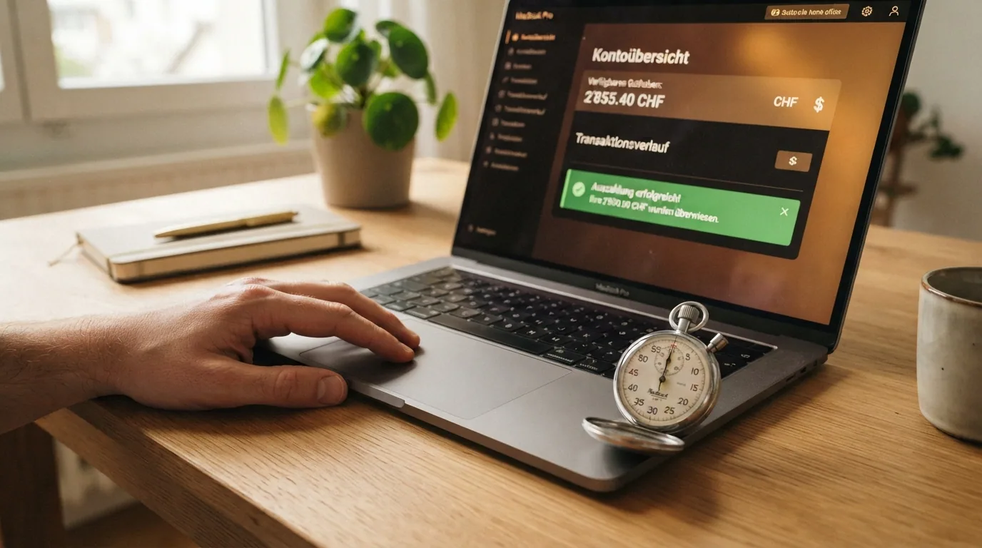 Eine Stoppuhr auf einem Tisch neben einem geöffneten Laptop mit einem Casino-Konto-Guthaben