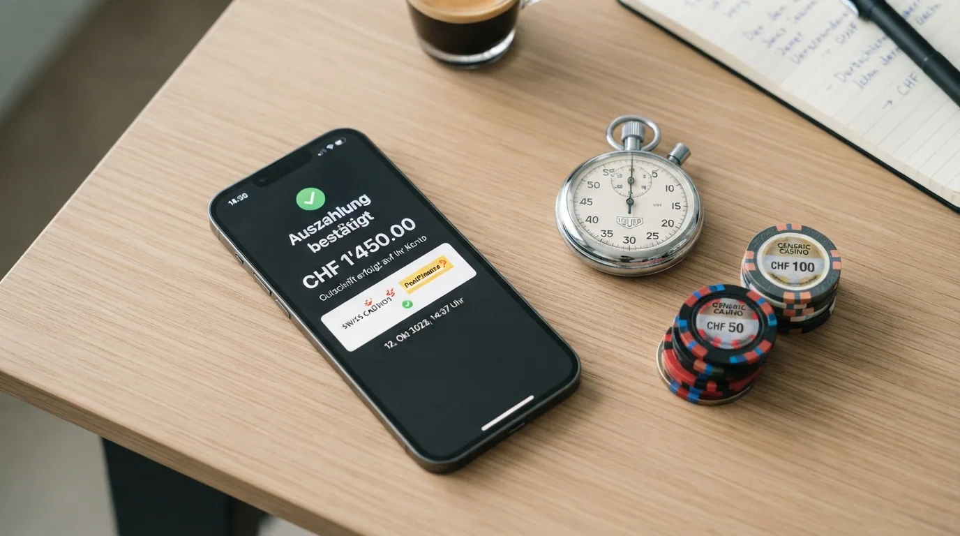 Stoppuhr neben einem Smartphone mit Casino-Auszahlungsbildschirm und CHF-Banknoten