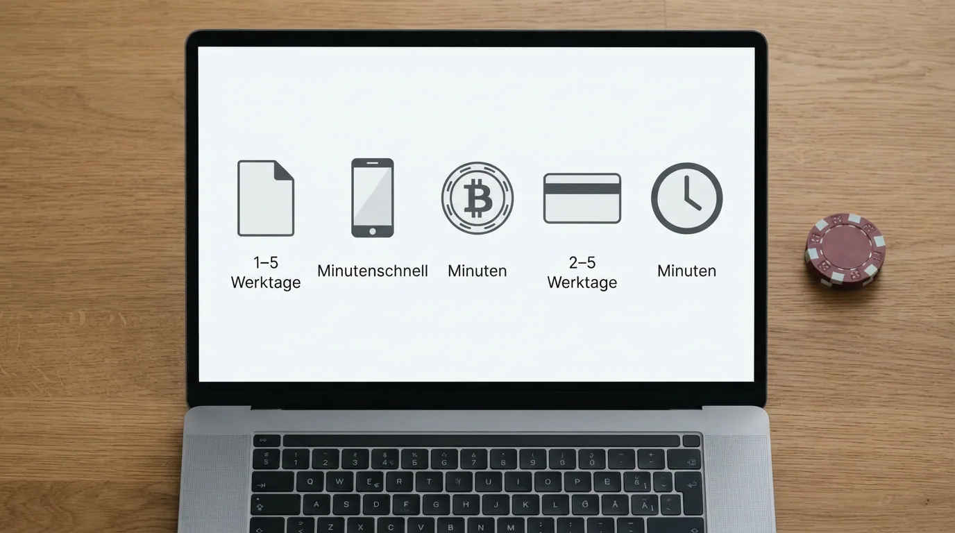 Eine Tabelle mit Icons der Auszahlungsmethoden Banküberweisung, TWINT, Kryptowährungen, Kreditkarten und ihren typischen Bearbeitungszeiten