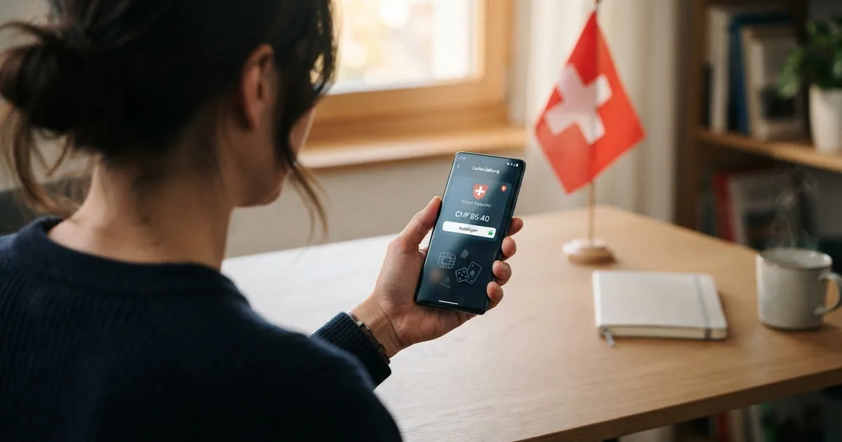Eine Person hält ein Android-Smartphone mit der Google-Wallet-App und Casino-Karten-Symbolen auf dem Bildschirm, im Hintergrund eine Schweizer Flagge