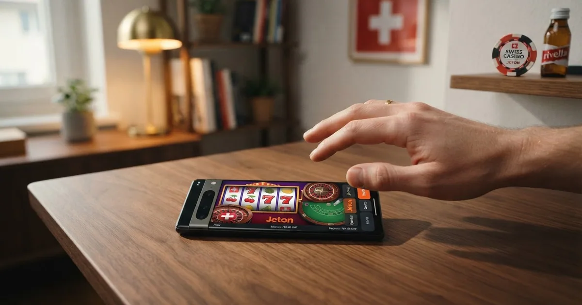 Jeton-App auf einem Smartphone mit Casino-Lobby im Hintergrund