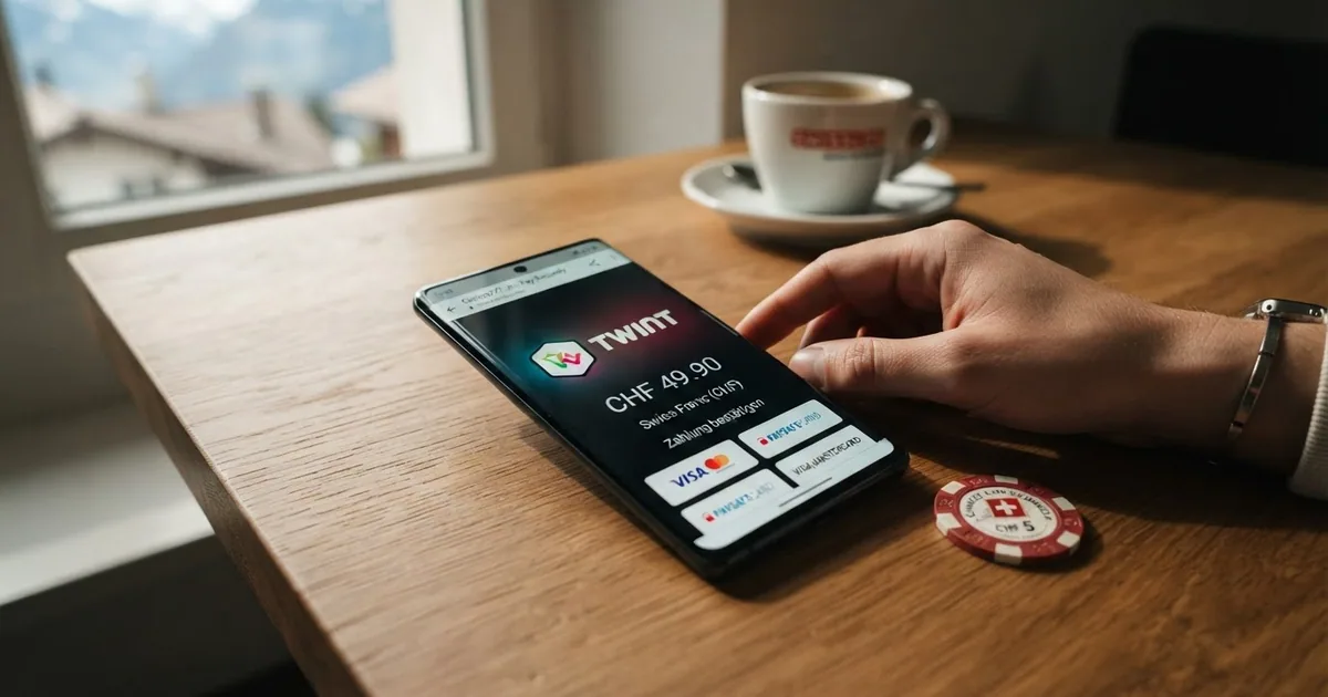 Schweizer Online-Casino-Zahlungsmethoden auf einem Smartphone-Bildschirm mit TWINT und Kreditkarten-Logos