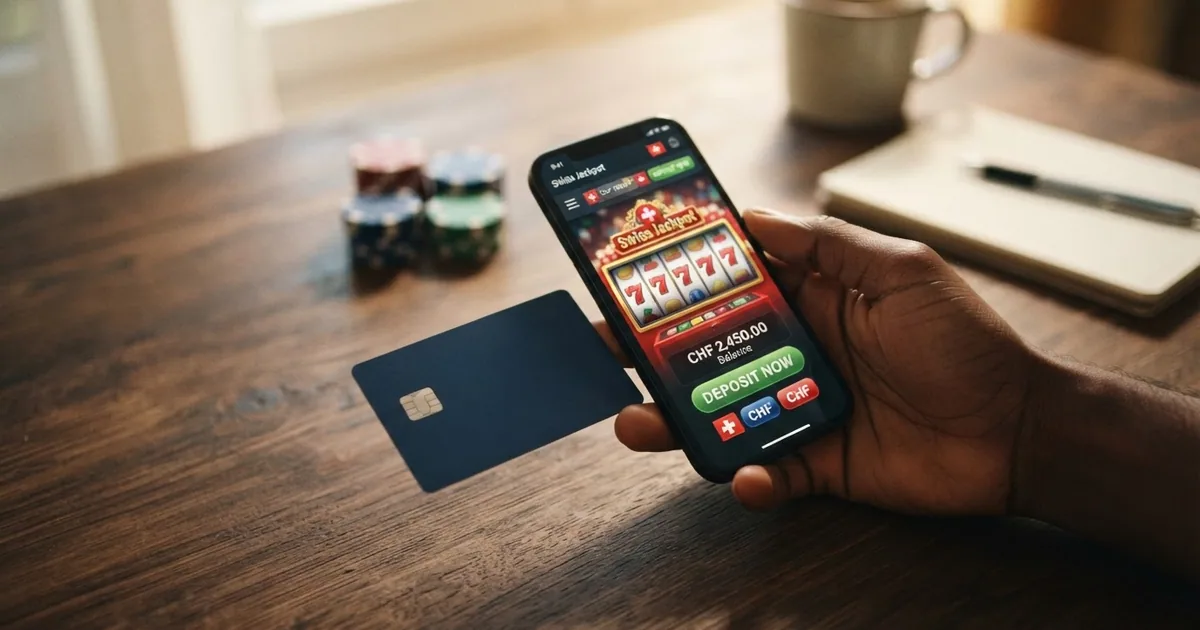 Nahaufnahme einer Kreditkarte neben einem Smartphone mit geöffneter Casino-Oberfläche und Schweizer Franken-Noten im Hintergrund