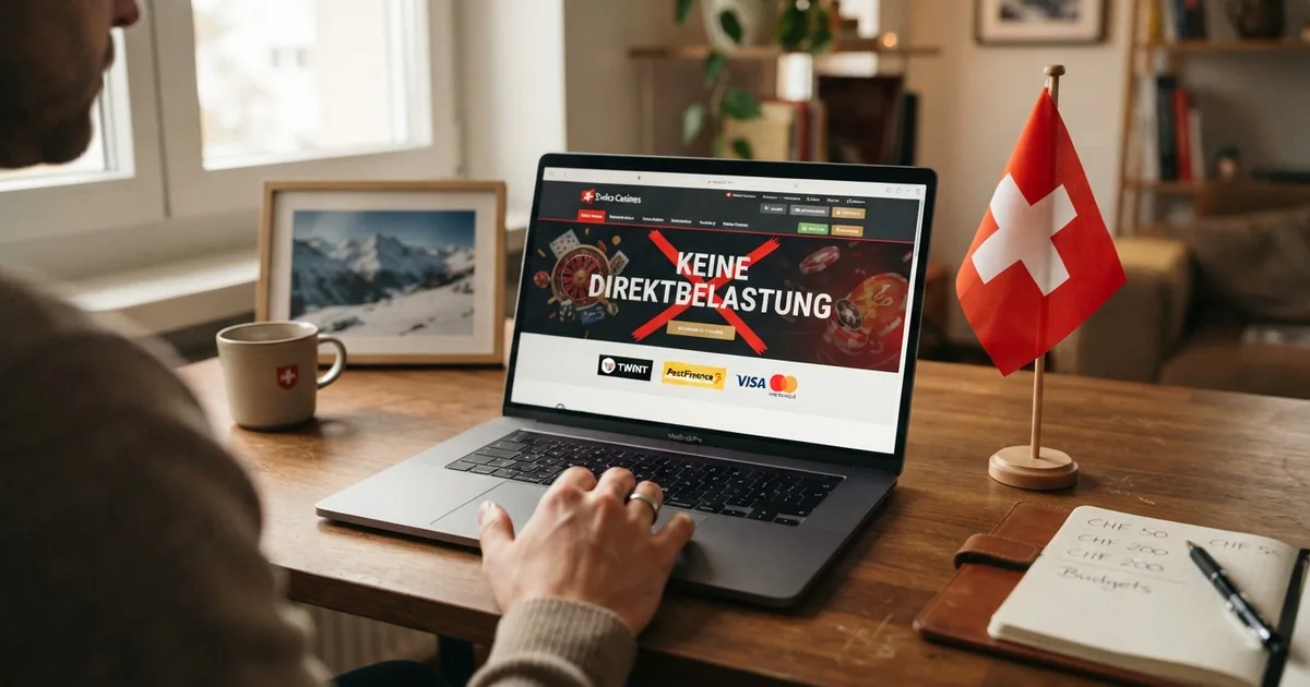Eine Schweizer Online-Casino-Startseite auf einem Laptop-Bildschirm, daneben eine Schweizer Flagge und das Wort «Keine Lastschrift» durchgestrichen