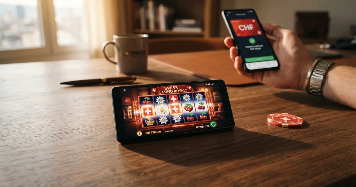 Mastercard-Kreditkarte vor dem Bildschirm eines Online-Casinos mit Schweizer Lizenzsiegel