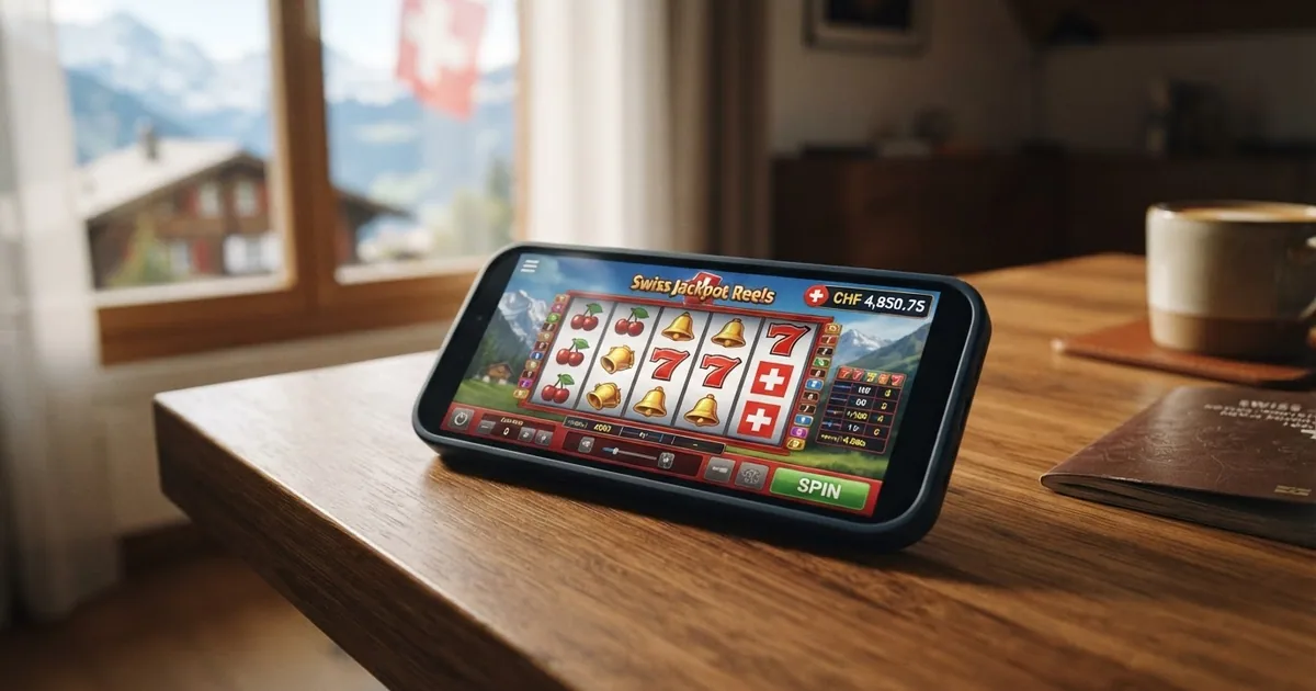 Neteller-Logo und Smartphone mit geöffneter Casino-App vor Schweizer Flagge oder Alpenkulisse