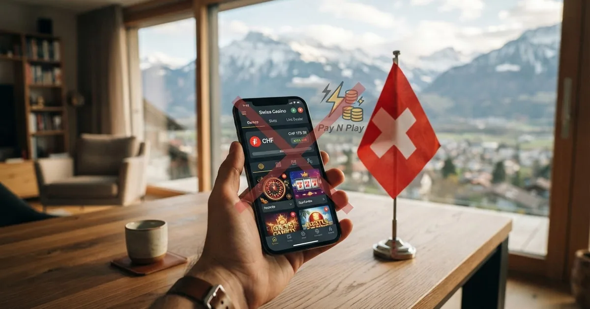 Eine Schweizer Flagge neben einem Smartphone mit Online-Casino-Oberfläche, durchgestrichenes Pay N Play-Logo