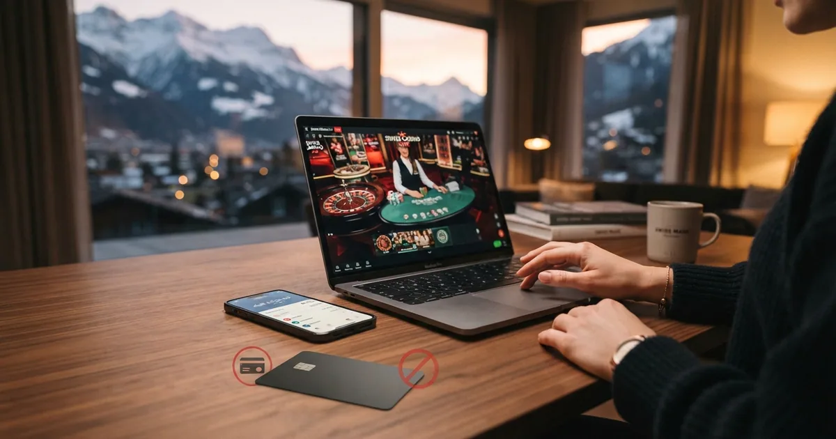 Ein gerenderter Schweizer Online-Casino-Bildschirm, daneben ein durchgestrichenes PayPal-Logo in einem roten Kreis
