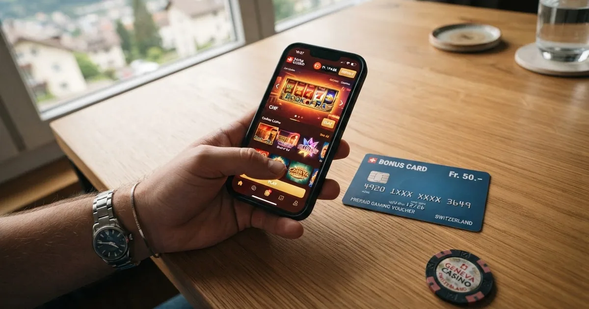 Eine Paysafecard-PIN-Karte neben einem Smartphone mit geöffnetem Schweizer Online-Casino auf dem Bildschirm