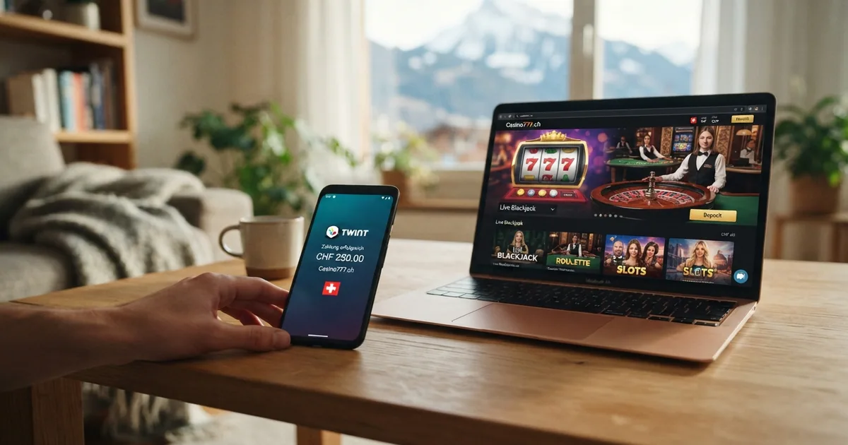 Smartphone mit geöffneter PostFinance Pay App neben einem geöffneten Schweizer Online Casino auf dem Laptop-Bildschirm