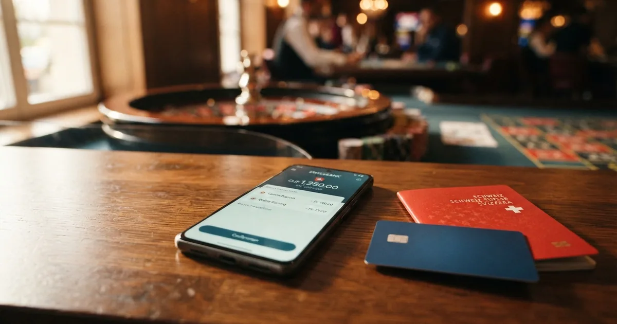 Eine geöffnete Revolut-App auf einem Smartphone neben einem Schweizer Pass und einer Visa-Karte, im Hintergrund angedeutet ein Spielbanken-Gebäude