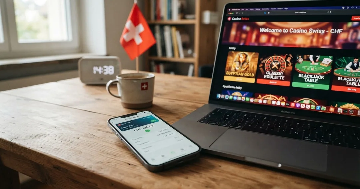 Skrill-Logo neben einer Schweizer Online-Casino-Oberfläche auf einem Laptop-Bildschirm, im Hintergrund eine stilisierte Schweizer Flagge