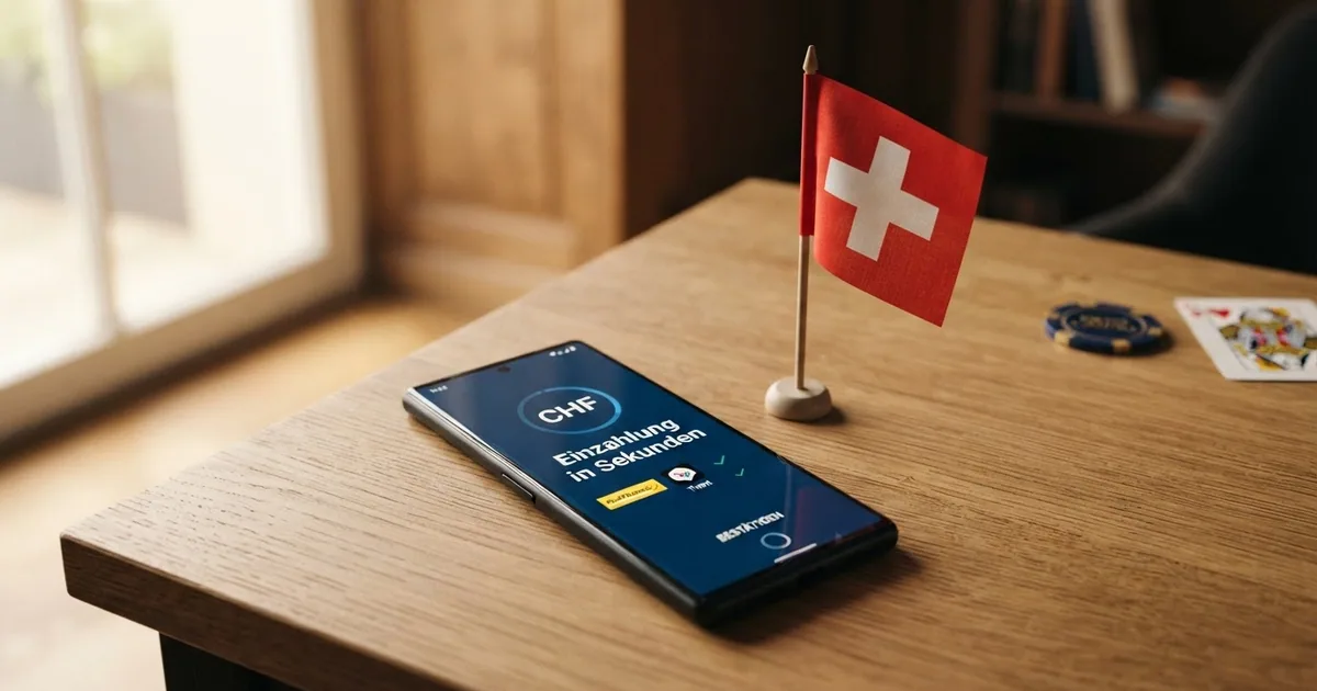 Ein Smartphone mit geöffneter Casino-App und Klarna-Logo auf dem Bildschirm, daneben eine Schweizer Flagge