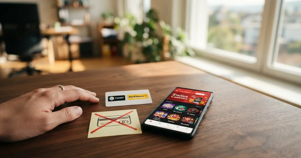 Ein Smartphone mit geöffneter Casino-App und dem Trustly-Logo durchgestrichen daneben die Logos von TWINT und PostFinance