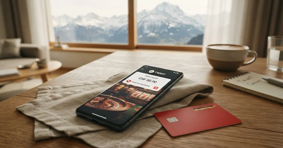 Ein Smartphone mit geöffneter TWINT-App und einer Casino-Oberfläche im Hintergrund, Schweizer Flagge dezent sichtbar