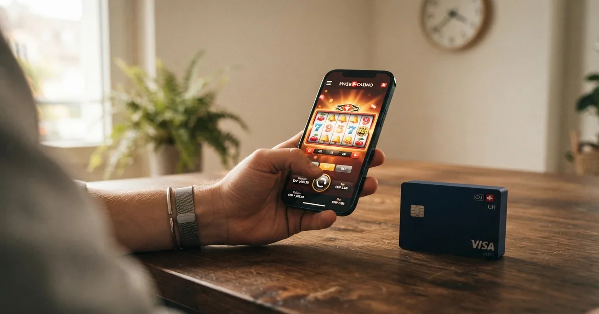 Nahaufnahme einer Visa-Kreditkarte neben einem Laptop mit geöffnetem Online-Casino auf dem Bildschirm, Schweizer Flagge im Hintergrund