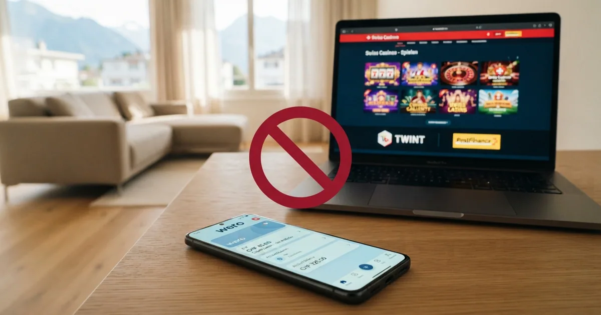 Smartphone mit Wero-App-Startbildschirm und Schweizer Casino-Webseite im Hintergrund, getrennt durch ein rotes «Nicht verfügbar»-Symbol