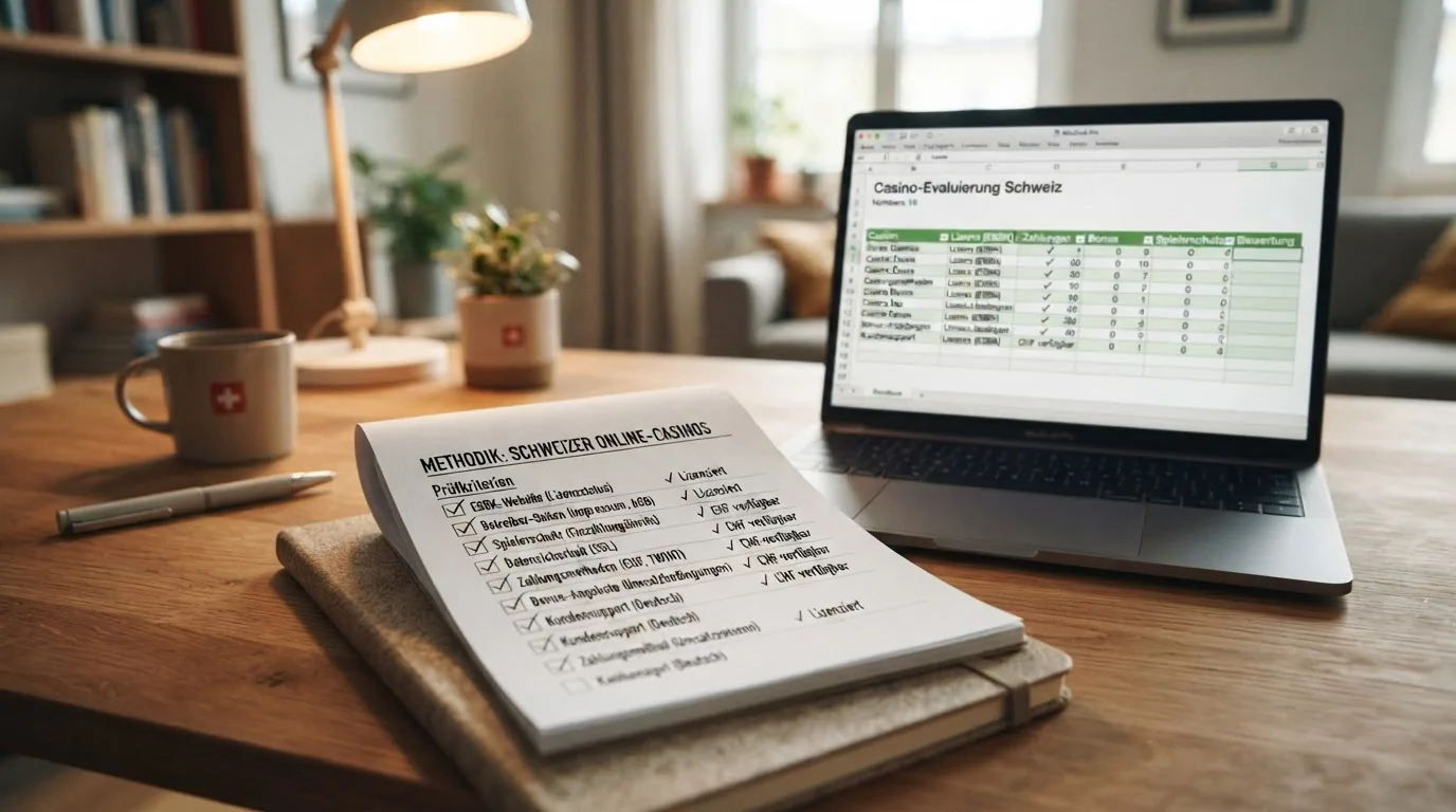 Checkliste mit ESBK-Website, Betreiber-Seiten und Prüfkriterien auf einem Schreibtisch