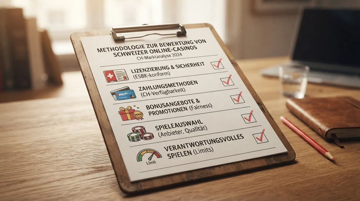 Eine Checkliste auf einem Klemmbrett mit den Prüfpunkten: ESBK-Lizenz, Paysafecard-Akzeptanz, Bonus-Höhe, Freispiele, Limits.
