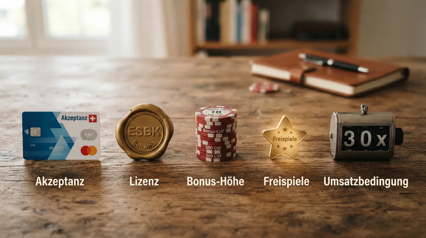Fünf horizontal angeordnete Prüfkriterien mit Symbolen: Aplauz-Logo, ESBK-Siegel, Bonus-CHF, Freispiel-Stern, Wager-Zähler