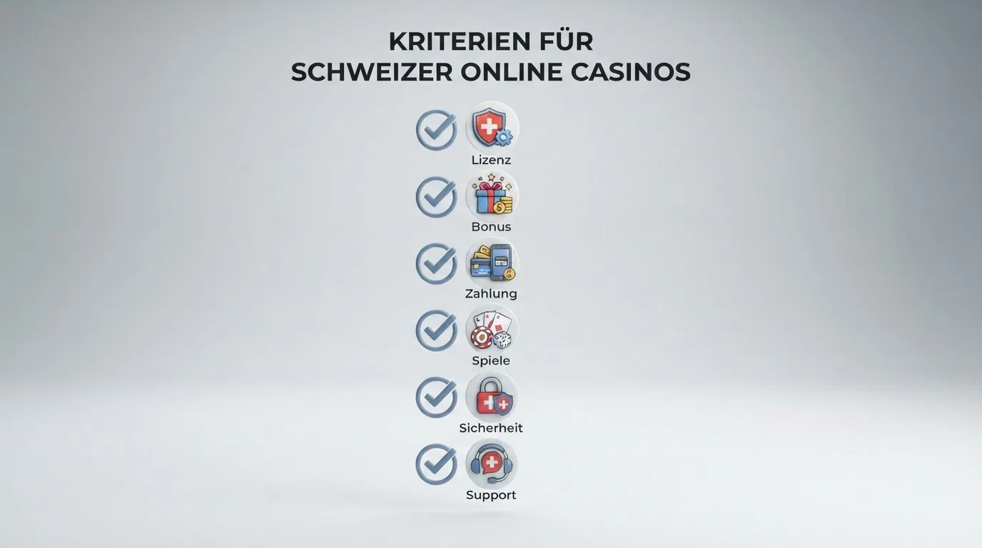 Eine Checkliste mit sechs Icons: Lizenz, Bonus, Zahlung, Spiele, Sicherheit, Support — jeweils mit Haken