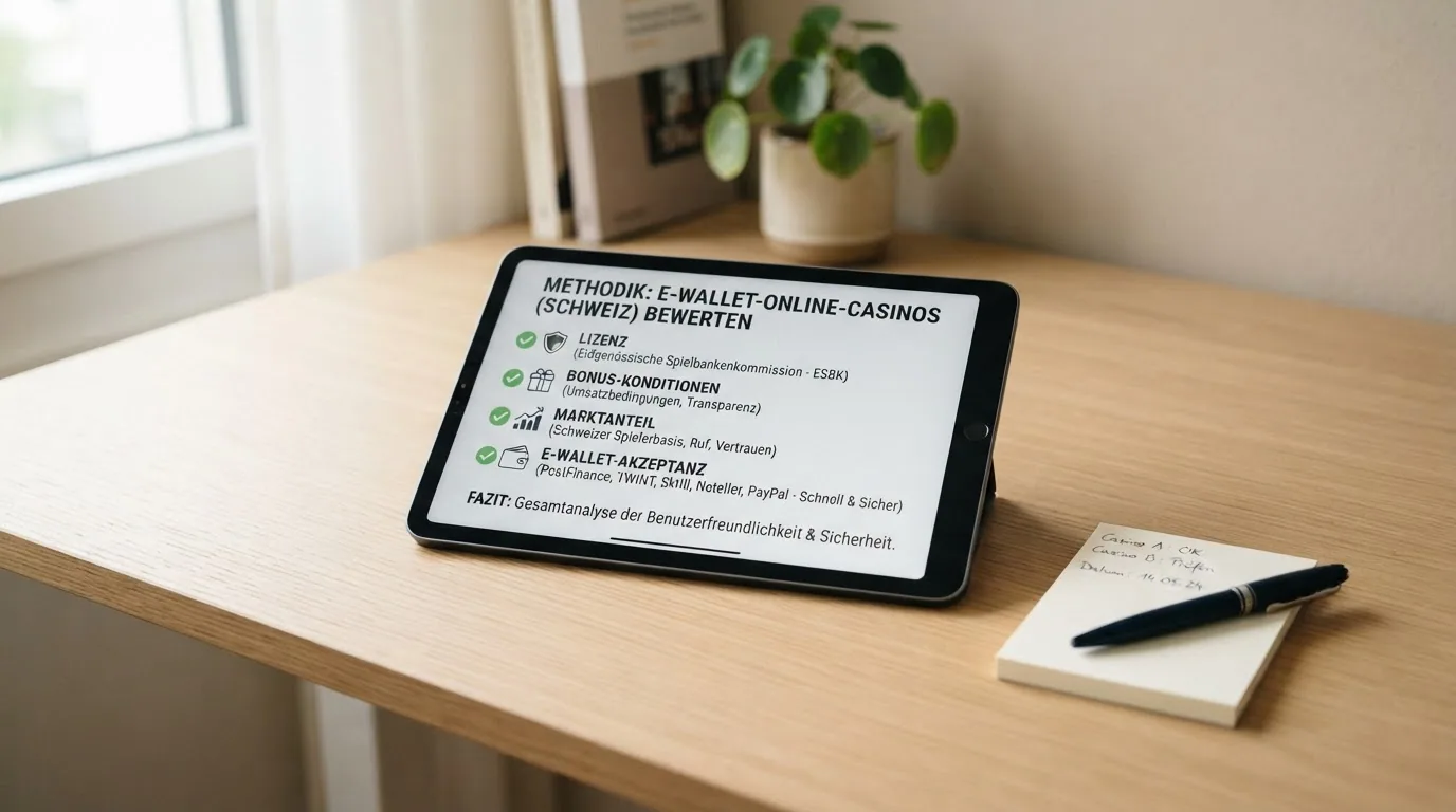 Eine Checkliste mit den vier Bewertungskriterien (ESBK-Lizenz, Bonus-Konditionen, Marktanteil, MiFinity-Akzeptanz) und einem Tablet mit der ESBK-Online-Spielbanken-Liste