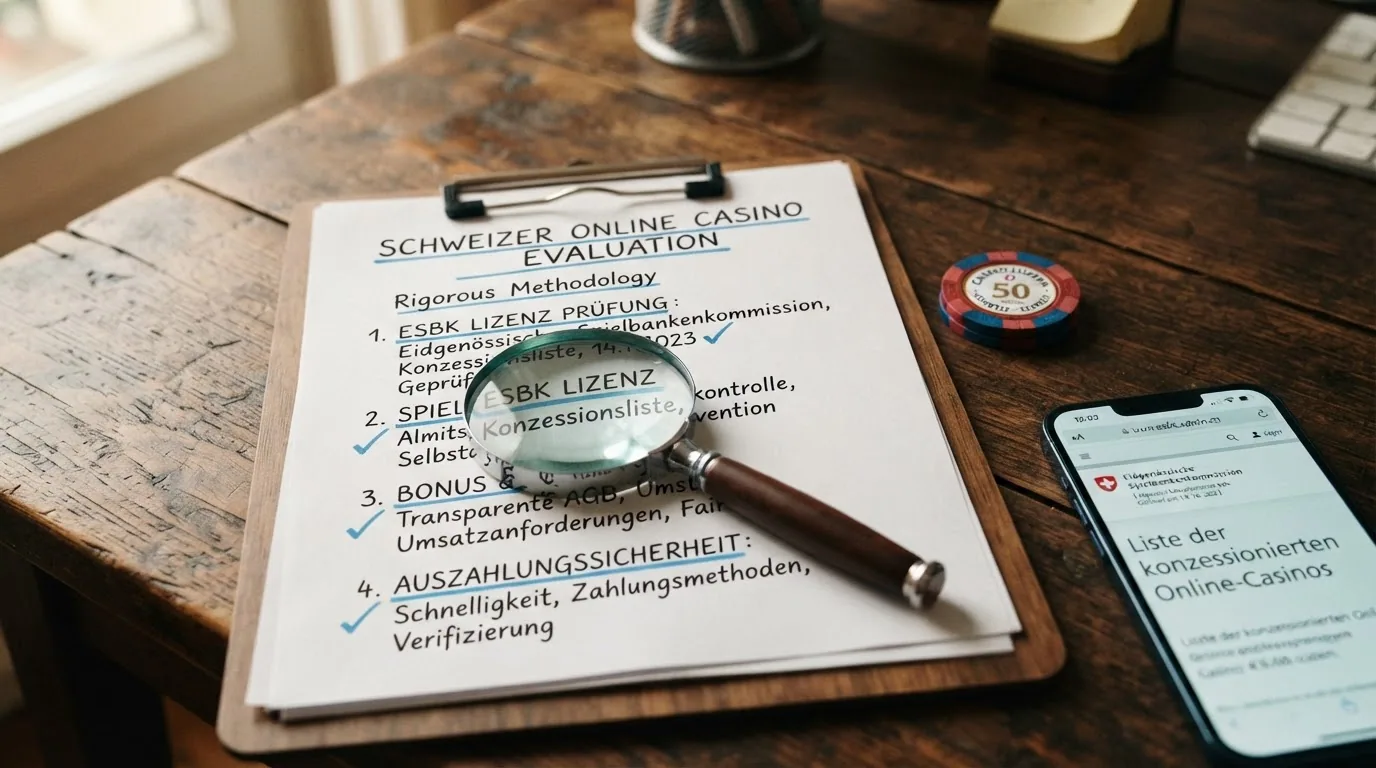 Lupe über einem Klemmbrett mit Bewertungskriterien, daneben das ESBK-Logo und ein Stift
