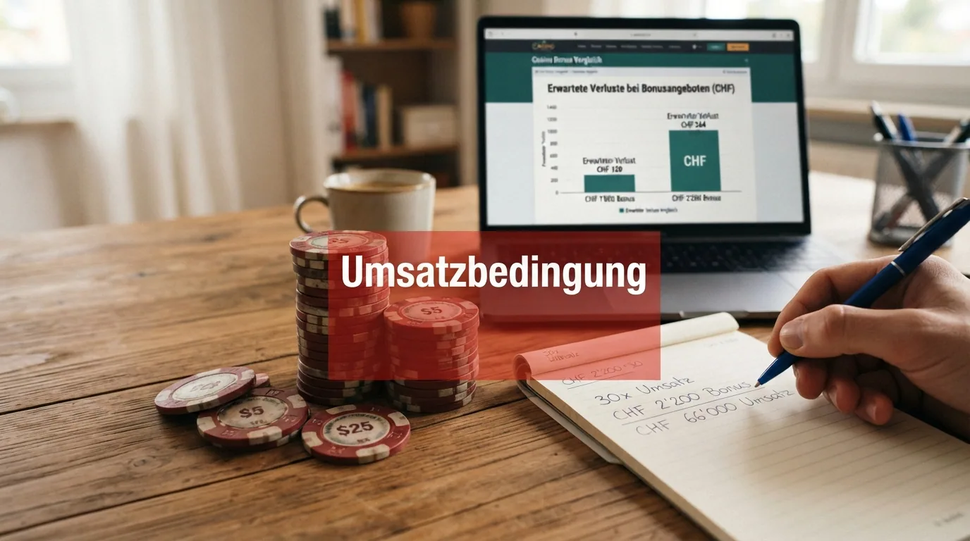 Ein Stapel Schweizer Franken-Noten, von denen ein sichtbarer Teil durch einen roten Filter als «Umsatzbedingung» ausgeblendet ist