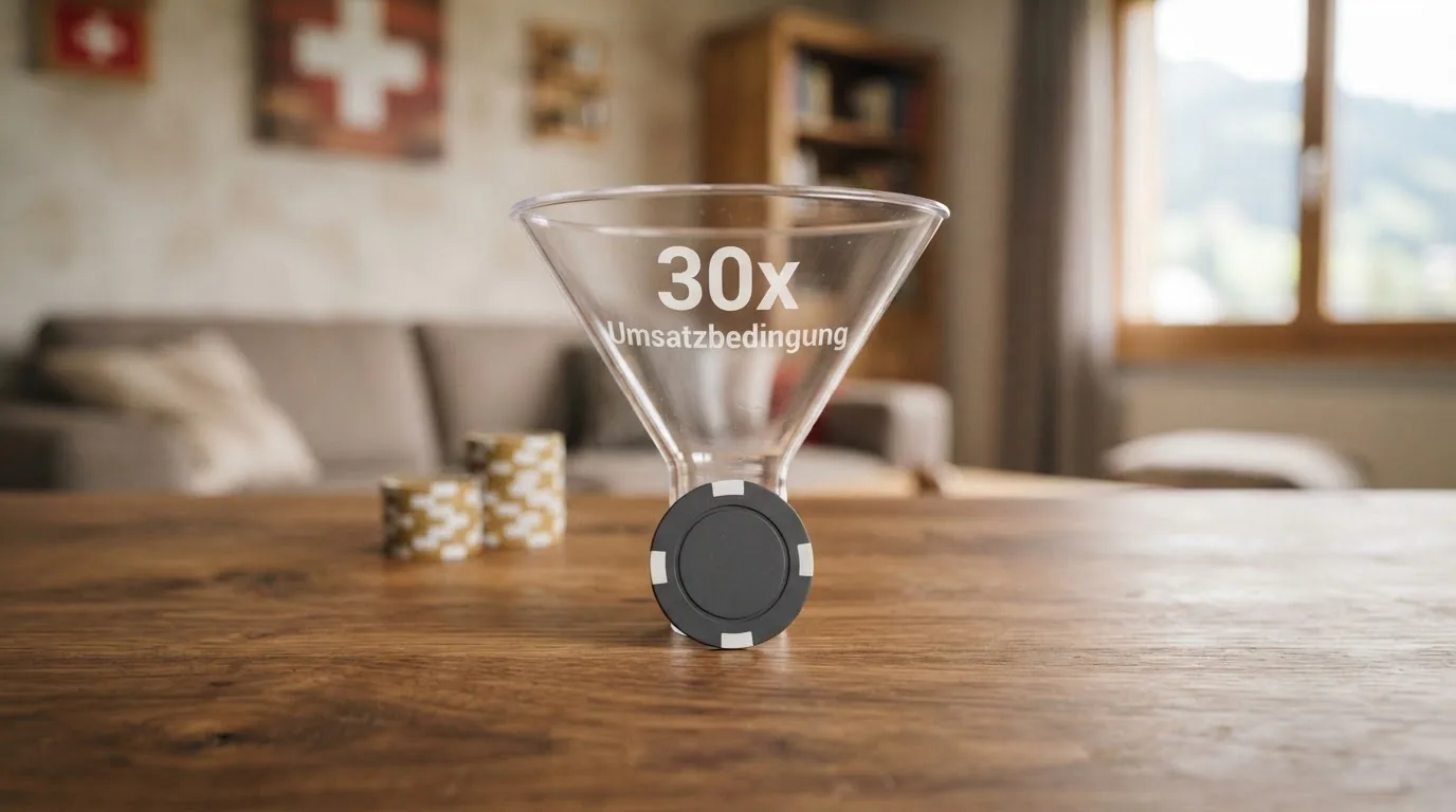Ein 100-%-Bonus-Symbol, das durch einen Trichter mit der Aufschrift «30x Umsatzbedingung» auf einen kleineren Betrag schrumpft