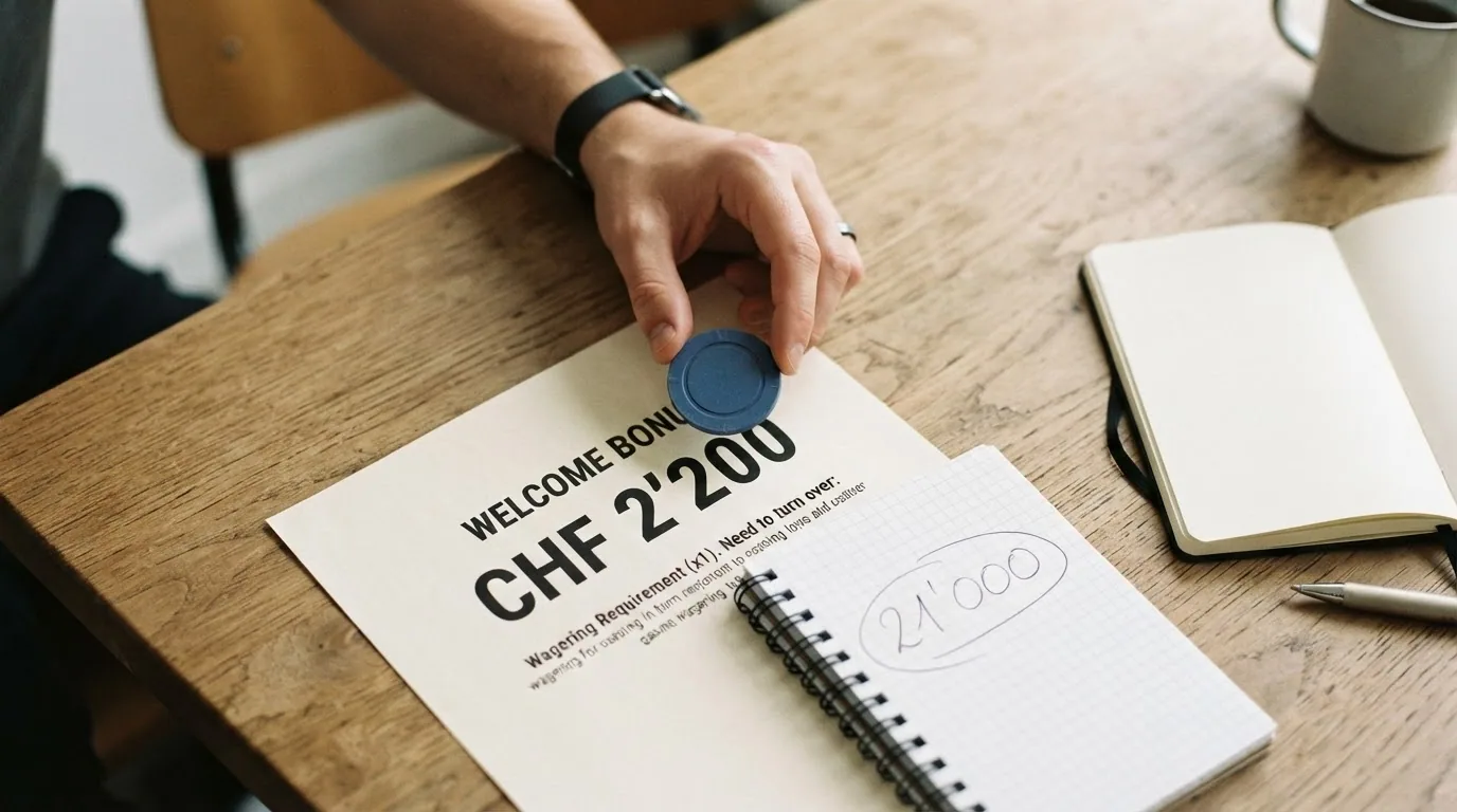 Ein gestapeltes Bonus-Plakat bei dem die oberste Schicht «CHF 2'200» zeigt während die unteren Schichten kleingedruckte Bedingungen und einen Taschenrechner mit der Zahl 21'000 sichtbar machen
