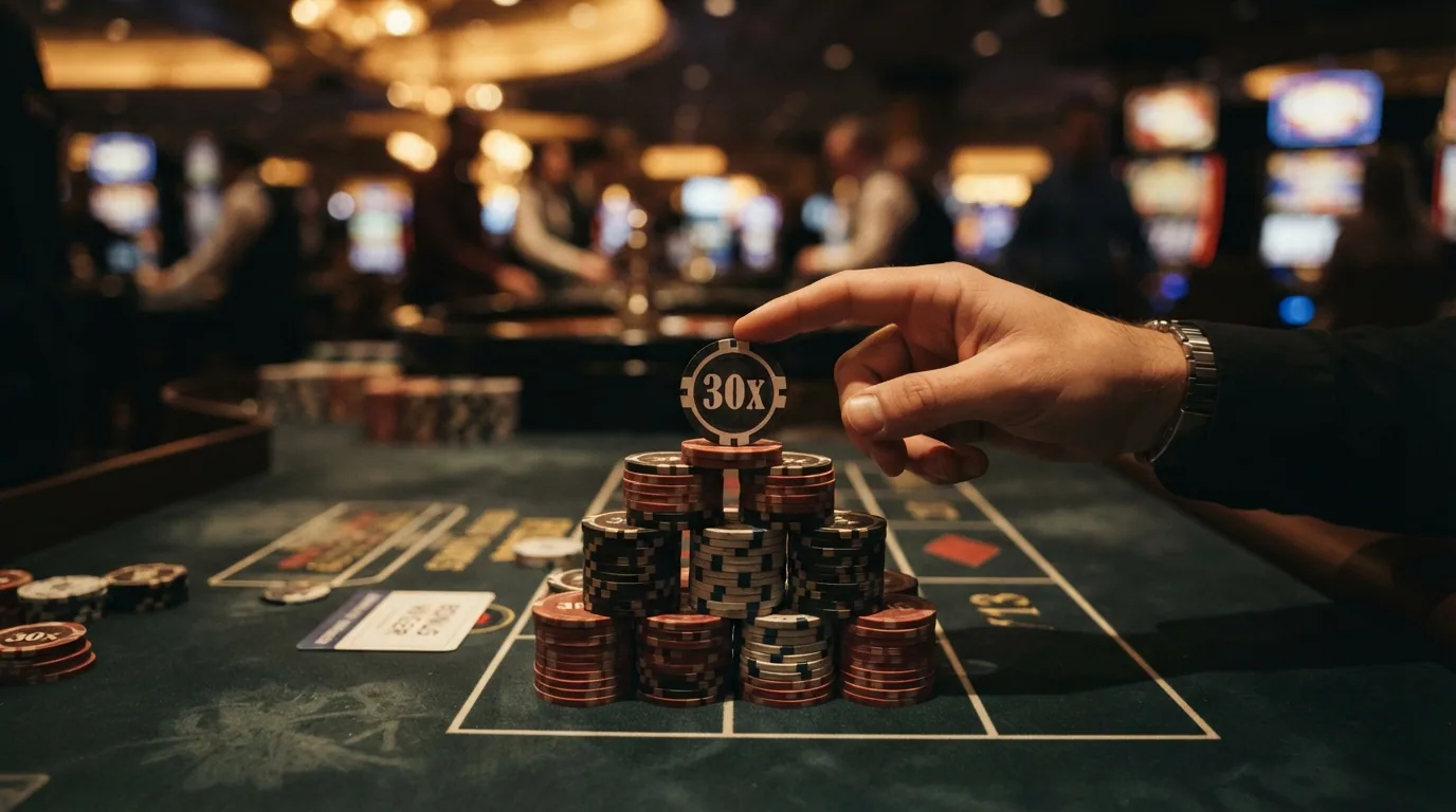 Visualisierung einer Bonus-Umsatzbedingung: Stapel von Spielchips mit Prozentangaben und durchgestrichenem Betrag