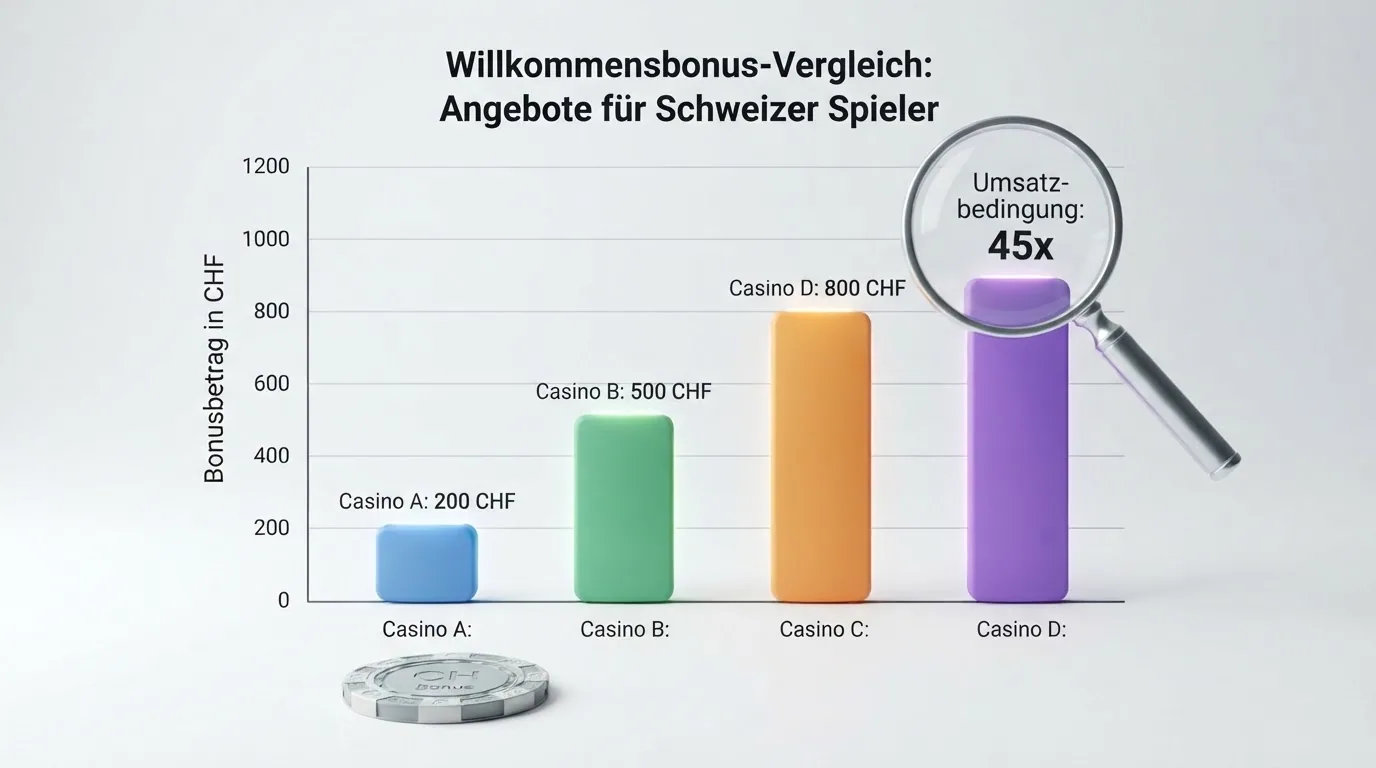 Stilisierte Willkommensbonus-Kacheln mit Beträgen und Freispiel-Symbolen, eine Lupe über den Umsatzbedingungen