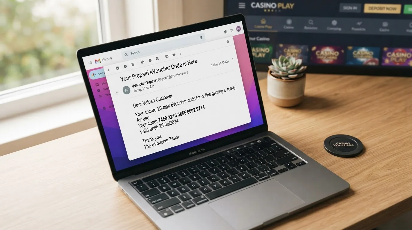 Eine E-Mail-Benachrichtigung mit einem 20-stelligen CashtoCode auf einem Laptop-Bildschirm, im Hintergrund angedeutet ein Online-Casino-Kassenbereich