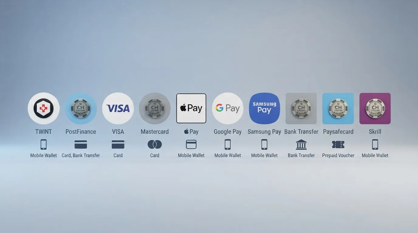 Eine Übersichtstabelle mit Casino-Logos und Zahlungsmethoden-Icons (TWINT, Apple Pay, Kreditkarte, paysafecard) nebeneinander aufgereiht
