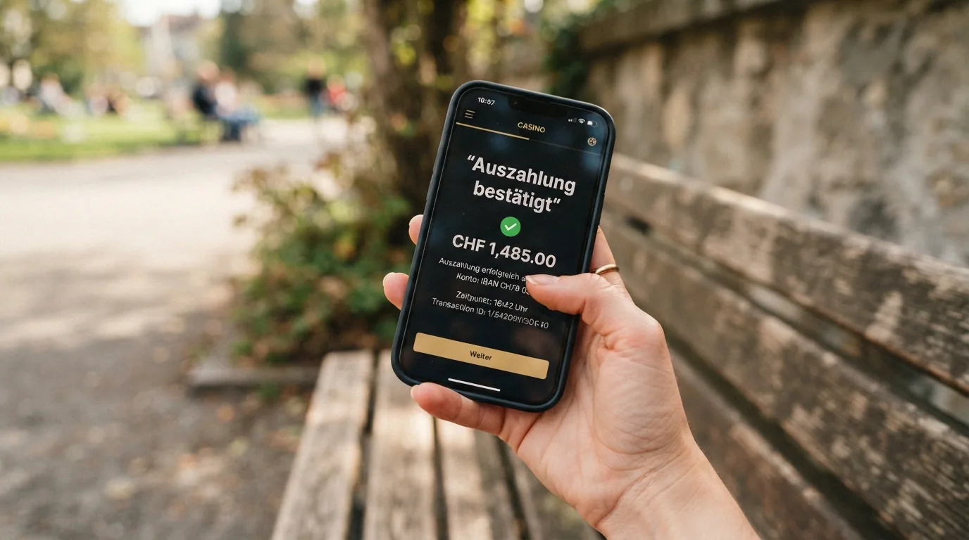 Smartphone mit geöffneter Casino-App und Auszahlungsbestätigung auf dem Bildschirm