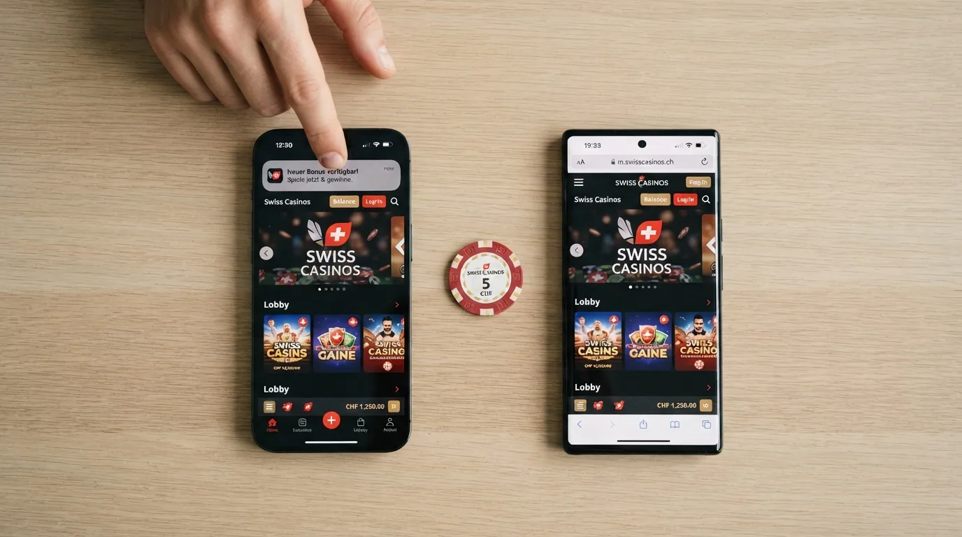 Zwei Smartphones nebeneinander: links eine native Casino-App mit Push-Nachricht, rechts das gleiche Casino im mobilen Browser