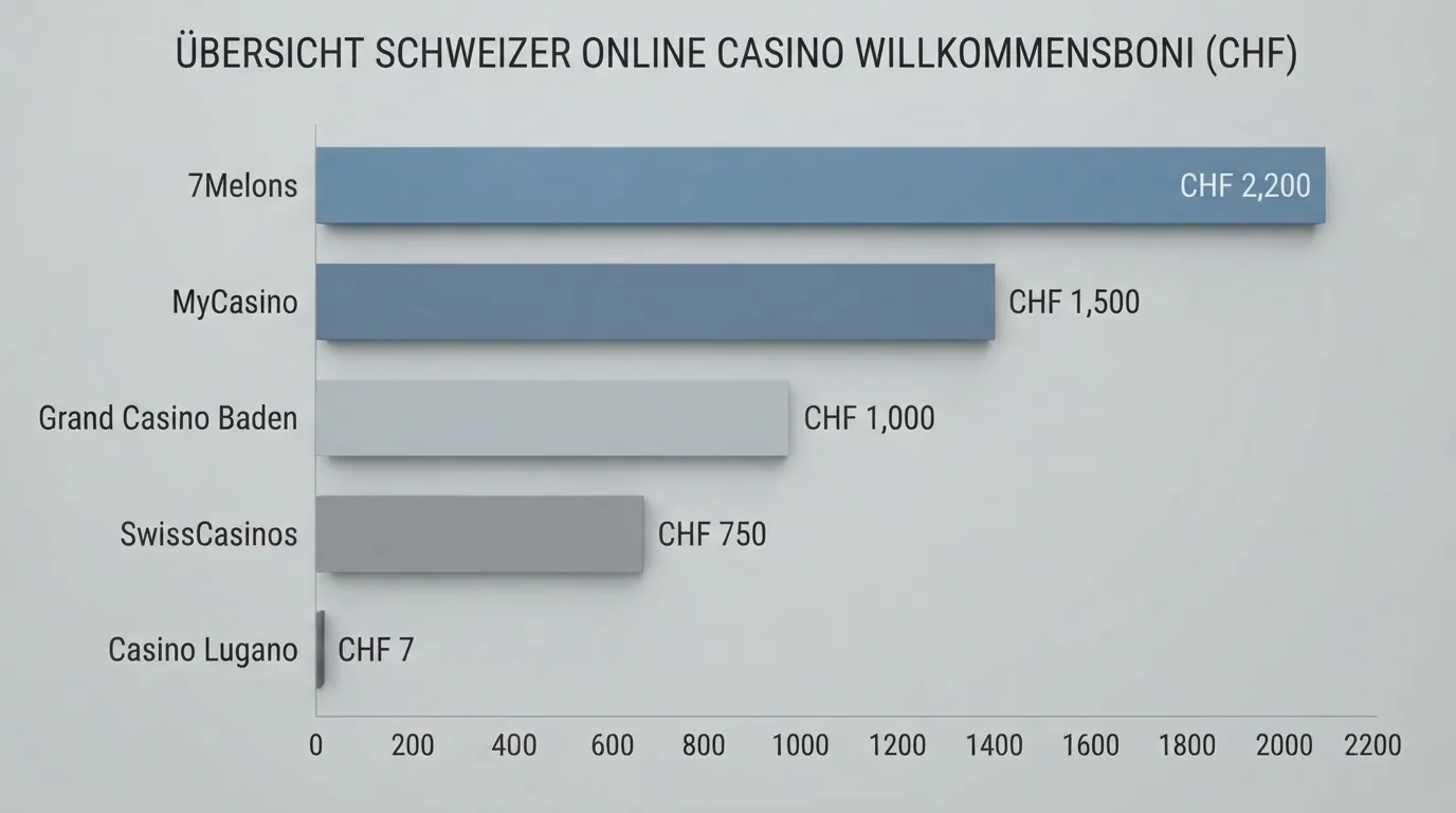 Balkendiagramm der fünf bezifferten Schweizer Willkommensboni in CHF, von CHF 7 (7Melons) bis CHF 2'200 (Jackpots)