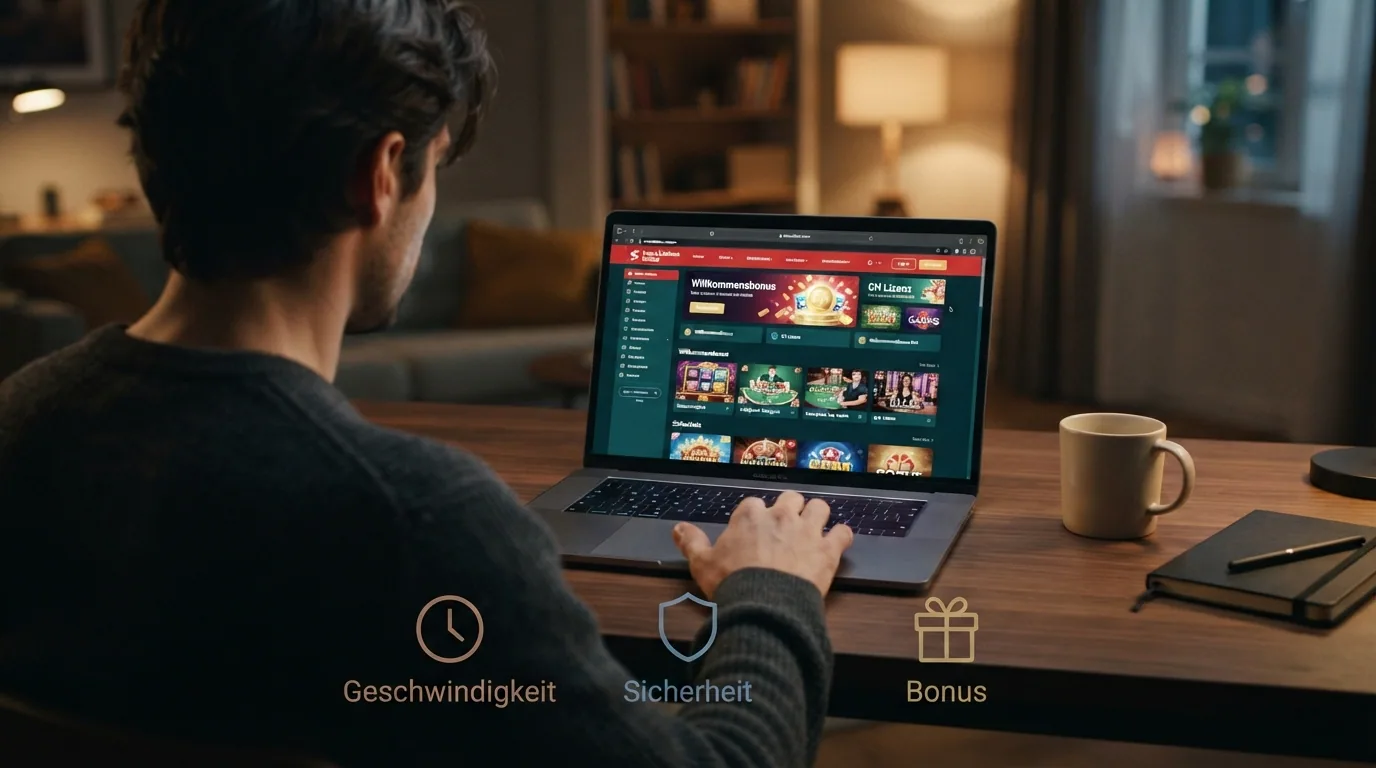 Ein Spieler an einem Laptop, umgeben von Symbolen für die drei Entscheidungsdimensionen: Geschwindigkeit (Uhr), Sicherheit (Schild), Bonus (Geschenk).
