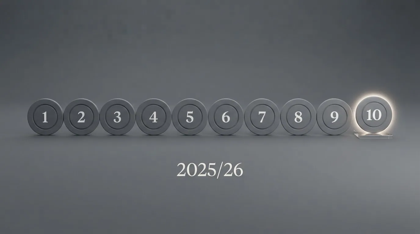 Eine stilisierte Darstellung von zehn nummerierten Casino-Symbolen, das zehnte ist hervorgehoben mit dem Label «CasiNeo 2025/26»
