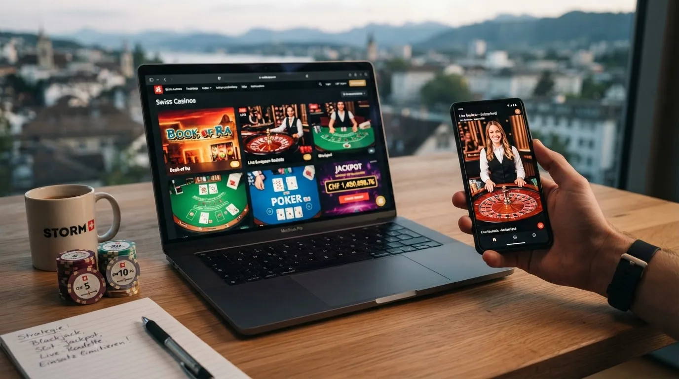 Kachel-Übersicht mit Spielautomaten, Roulette-Tisch und Blackjack-Hand auf einem Bildschirm