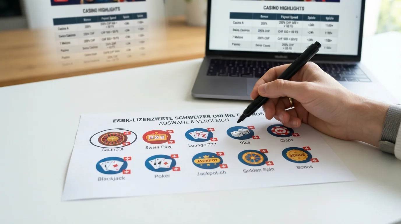 Eine Übersicht der zehn ESBK-lizenzierten Casino-Logos in einer rasterartigen Darstellung