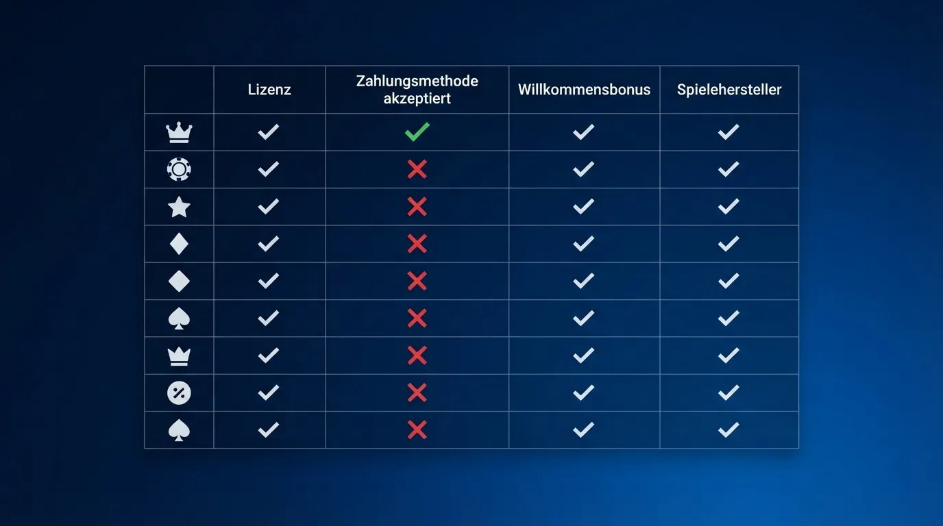 Übersichtstabelle mit Casino-Logos, Lizenzsymbolen und ecoPayz-Akzeptanz-Status