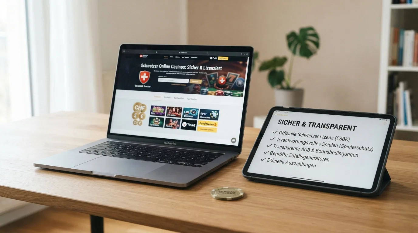 Übersicht der zehn ESBK-lizenzierten Online Casinos mit ihren Logos und Bankeinzug-Verfügbarkeit