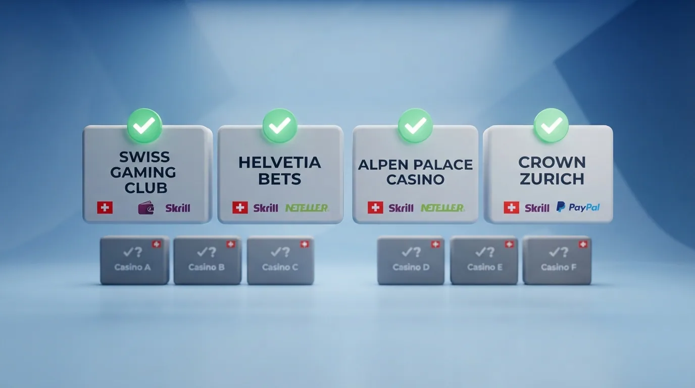 Vier nebeneinander angeordnete Casino-Logos (mycasino, Swiss4Win, jackpots, pasino) mit grünem Haken, sechs weitere Logos dezent mit Fragezeichen
