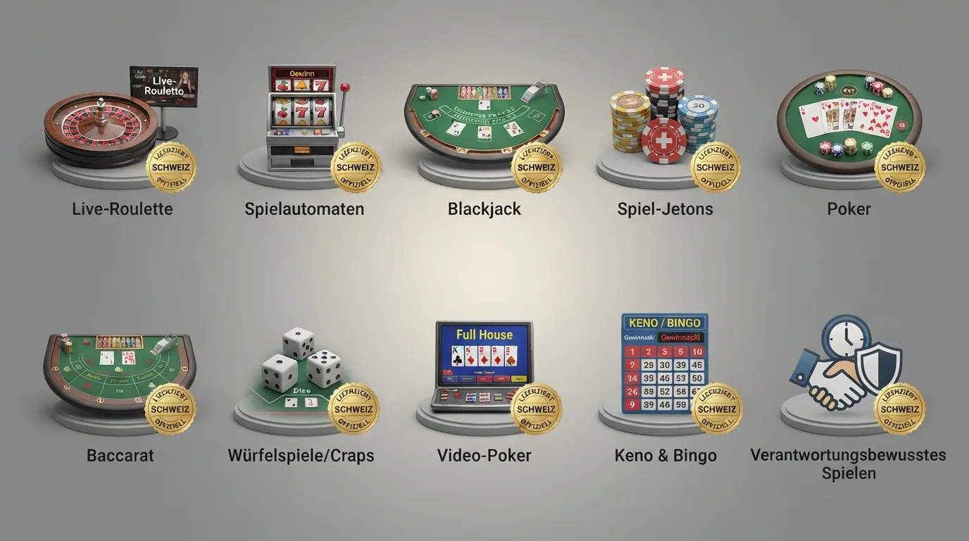 Eine geordnete Übersicht der zehn Casino-Logos mit dem ESBK-Lizenzsiegel und dem Paysafecard-Logo als Filterkriterium.
