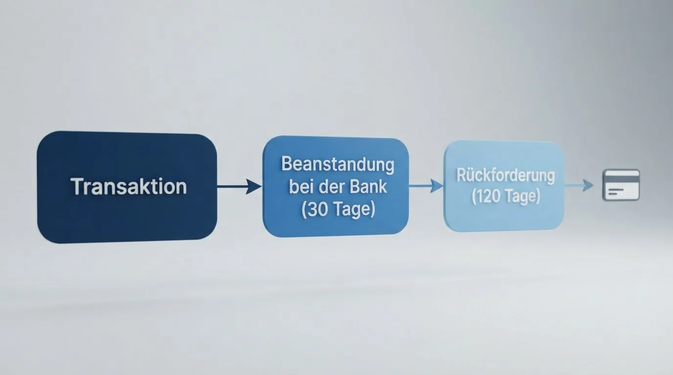 Vereinfachtes Flussdiagramm des Chargeback-Prozesses: Transaktion → Beanstandung bei der Bank (30 Tage) → Rückforderung (120 Tage) → Gutschrift