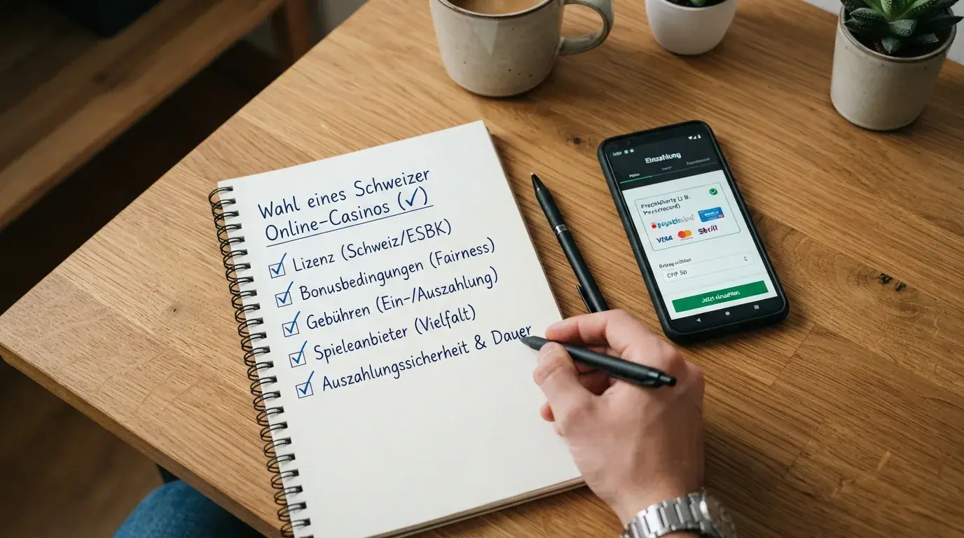 Eine Checkliste mit fünf abgehakten Kriterien auf einem Notizblock neben einem Smartphone mit Casino-Startseite